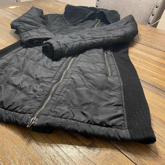 prAna Diva Quilted Sherpa Lined Long Jacket Size XS Black Asymmetrical Zip - Picture 10 of 11